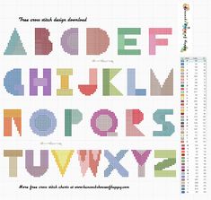 a cross stitch alphabet with letters and numbers in different colors, including one for each letter