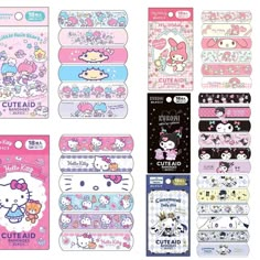 several hello kitty boxes with different designs on them