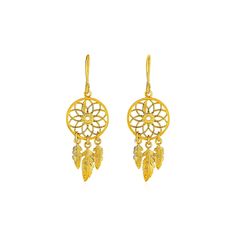 Buy LOVCIA Luxury 14K Yellow Gold Dreamcatcher Dangle Earrings Unique Gold Earrings, Beautiful Dream Catchers, Dream Catcher Earrings, Beautiful Dream, French Wire, Dream Catchers, Yellow Gold Earring, Metal Stamping, Gold Material