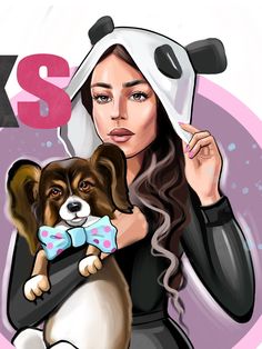 a woman holding a dog in her arms with the letter s on it's chest