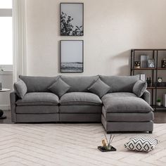 a living room with a gray couch and white rug