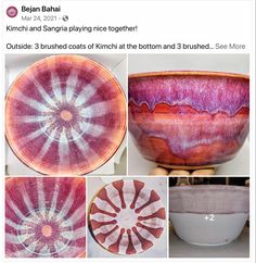 the bowl has been decorated with pink and white swirls on it, along with other pictures