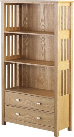 a wooden bookcase with two drawers on one side and three drawers on the other