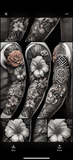 some black and white tattoos on someone's arm, with flowers in the middle