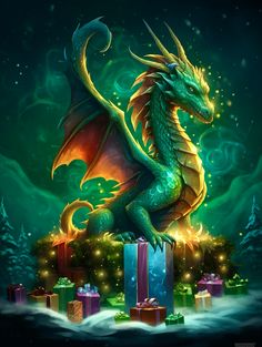 a green dragon sitting on top of presents