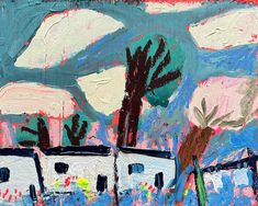 an abstract painting of palm trees and houses