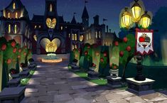 an animated image of a castle at night with lights on and flowers in the foreground