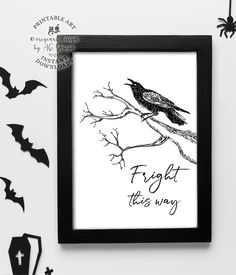 Fright this way, Halloween printables poster, Halloween crow art, Trick or treat door signs, Halloween door decorations, Fall gothic party Boho Unicorn, 70s Room, Autumn Porch, Haunted House Decor, Gothic Party, Unicorn Decor, Cheap Farmhouse Decor, Poster Halloween, Cheap Wall Decor