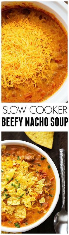 this slow cooker beef nacho soup is loaded with shredded cheese and has been made in