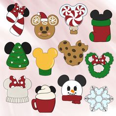 mickey mouse and other holiday themed items on a pink background with snowflakes, candy cane