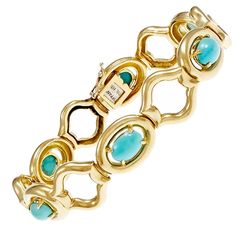 1960's Tiffany & Co 18k yellow gold hinged link bracelet. GIA certified natural untreated 6 oval Turquoise set in 18k yellow gold. 7 inches in length. 6 oval cabochon blue Turquoise, no treatment, 7.86 x 5.49 x 3.31mm, GIA certificate #2173627958 18k yellow gold Tested and stamped: 18k Hallmark: Tiffany & Co 33.3 grams Length: 7 inches – Width: 13.85mm – Depth: 5.82mm Bd Gift, Turquoise Bracelet Gold, Tiffany And Co Bracelet, Gold Link Necklace, Tiffany Diamond, Modern Bracelets, Gold Link Bracelet, Yellow Jewelry, Gold Link