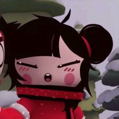 two cartoon characters are standing in front of some snow covered trees, one is wearing a red scarf and the other has black hair