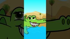 a cartoon alligator with its mouth open and tongue out, standing in front of a body of water