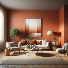 an orange living room with two chairs and a coffee table in front of the couch