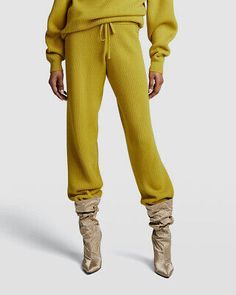 Great Shopping $680 Fenty Women's Yellow Wool Drawstring Knit Pants Size XS, Women's Clothing Fitted Pants With Ribbed Cuffs For Winter, Fitted Winter Bottoms For Daywear, Winter Fitted Sweatpants, Knit Pants, Brands Outlet, Wool Blend, Women's Clothing, Straight Leg, In Italy