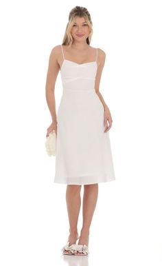 A-line Midi Dress in White | LUCY IN THE SKY White Mid Length Dress, White Grad Dress Midi, A Line Graduation Dress, Short White Grad Dress, Midi Hoco Dress, Grad Dresses College, Dress For Graduation University, Midi Graduation Dress, Confirmation Dresses For Teens