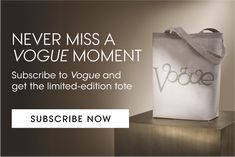 a tote bag with the words never miss a voge moment subscribe now