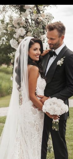 the bride and groom are posing for a photo