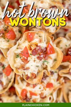 this is an image of hot brown wontons with tomatoes and cheese on top