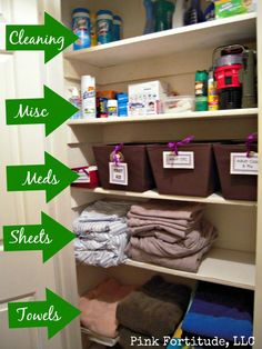 an organized pantry with labels on the shelves labeled cleaning, miss, sheets and towels