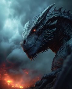 a close up of a dragon on a dark background with clouds and fire behind it