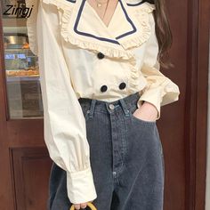 Korean Shirt Outfit Women, Nautical Outfit Women, Nautical Clothing, Blouse Korean Style, Nautical Shirt, Nautical Outfits, Casual Blouses, Peter Pan Collar Blouse, Female Tops