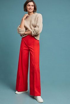 Red Pants Fashion, Red Trousers Outfit, Trousers Outfit Casual, Red Pants Outfit, Red Wide Leg Pants, Proper Attire, Red Trousers, Leg Pants Outfit, Trouser Outfit