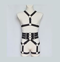 Black Beauty Men Black Elastic harness set, ONE SIZE, adjustable strap harness, Stretch Harness, Cosplay, roleplay, nightclub, lingerie by DebutLingerie on Etsy Full Body Harness Art, Mens Body Harness, Home Made Binder Ftm, Adjustable Strapped Harness For Cosplay, Punk Strapped Harness For Cosplay, Men In Lingeniere Aesthetic, Black Strapped Harness For Cosplay, Adjustable Strapped Punk Harness, Gothic Black Harness With Adjustable Straps