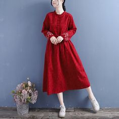 Details: Item Type: Dress Main Material: Cotton Linen Season: Spring, Autumn Style: Leisure, Daily Pattern Type: Embroidery Waist Type: Loose Fit Type: Loose fit/ Pullover Size: One Size Length: 116.00 cm/ 45.67 " Bust: 108.00 cm/ 42.52 " Shoulder: 40.00 cm/ 15.75 " Sleeve: 56.00 cm/ 22.05 " Long Sleeve Floral Embroidered Midi Dress For Fall, Long Sleeve Midi Dress With Floral Embroidery For Fall, Fall Embroidered Dress With Long Sleeves And Embroidered Hem, Casual Winter Dresses With Embroidery, Casual Embroidered Winter Dresses, Casual Embroidered Hem Dress For Fall, Casual Embroidered Dress With Hem Detail For Fall, Casual Floral Embroidered Midi Dress For Fall, Casual Fitted Embroidered Dress For Fall