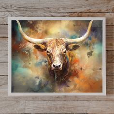 a painting of a bull's head on a wooden wall