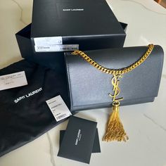 Authentic Ysl Kate Tassel Bag, Excellent Condition, Comes With Dust Bag, Original Neiman Marcus Receipt And Box. Great For An Evening Formal Occasion! Ysl Kate Tassel Bag, Ysl Envelope Chain Wallet, Ysl Kate Bag, Ysl Kate, Kate Bags, Vintage Ysl, College Bags, Yves Saint Laurent Bags, Black Clutch