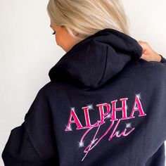 This item is MADE TO ORDER. Production can take up to 7 business days. Shipping time is additional, and varies per carrier. See details. Black hoodie, boyfriend fit. Our model is wearing size large (unisex). 50% cotton, 50% polyester For sororities A-D, click here. Want to order 24 or more pieces? Order now. Black Hoodie For School Spirit Streetwear, School Spirit Black Hoodie For Streetwear, Hoodie Boyfriend, Diamond Hoodie, Hoodie Design Ideas, Sorority Formal, Sorority Designs, Greek Sorority, Sorority Apparel