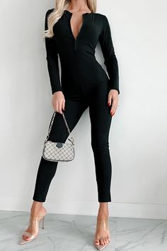 Can't Handle Me Zip-Front Long Sleeve Catsuit (Black) · NanaMacs Catsuit Outfit Ideas, Outfit Catsuit, Catsuit Outfit, Black Catsuit, Classy Jumpsuit, Bond Paper, Full Body Suit, Fitted Jumpsuit, Flying Monkey Jeans