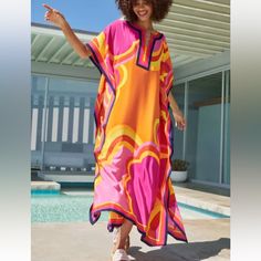 Our Top-Rated Dress Is Back In In Luxe Silk, This Sleek, Maxi-Dress Caftan Can Be Worn On Its Own, For A Romantic Dinner Under The Stars, Or As A Chic Beach Cover-Up For Your Next Holiday In The Sun. V Neckline Relaxed, Caftan Fit Side Slit Length: 52" Model Is 5'10", Wearing Size Xs/S Fabric: Island Swirl Silk Crepe De Chine 100% Silk Dry Clean Only Imported Holiday In The Sun, Dinner Under The Stars, Caftan Dresses, Ladies Caftan, Tangerine Dream, Rainbow Clouds, Kaftan Designs, Global Dress, Caftan Dress