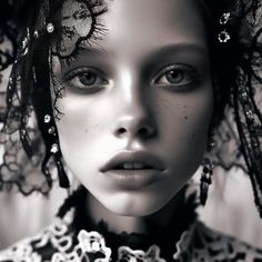 a black and white photo of a woman with freckles on her head