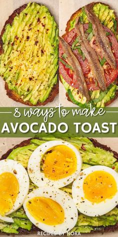 avocado toast with eggs on top and bacon in the middle, as well as an egg sandwich