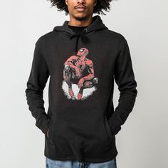 Printed art on front Drawstring hood Long sleeves Front pouch pocket 100% cotton Officially licensed Marvel merchandise Casual Hoodie With Character Print, Casual Cotton Hoodie With Character Print, Cotton Hooded Sweatshirt With Character Print, Pop Culture Hooded Cotton Sweatshirt, Pop Culture Cotton Hooded Sweatshirt, Casual Tops With Drawstring Hood For Fans, Pop Culture Cotton Hoodie With Drawstring Hood, Black Cotton Hoodie For Fan Merchandise, Cotton Hoodie With Long Sleeves In Pop Culture Style