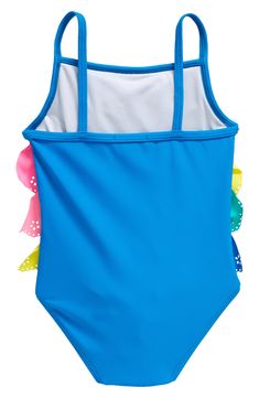 Your kiddo will love every pool day splashing around in this cute one-piece swimsuit featuring rainbow-colored ruffles with eyelet and scalloped details. Pull-on style Lined 82% nylon, 18% elastane Machine wash, line dry Imported Summer Sleeveless Tankini For Playtime, Sleeveless Summer Tankini, Playful Blue Tankini For Swimming, Beach Season Ruffled Swimwear, Summer Swimwear With Ruffles, Cute Ruffled Swimwear For Poolside, Blue Playful Tankini For Beach Season, Playful Ruffled Tankini For The Pool, Playful Ruffled Tankini For Pool