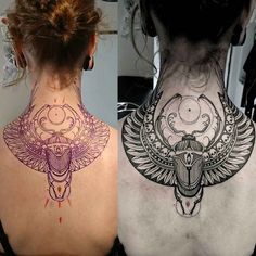 two women with tattoos on their back, one has an angel and the other has a demon