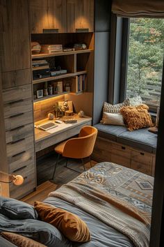 a bedroom with a bed, desk and window in the corner that overlooks a wooded area