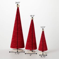 three small red christmas trees are shown with measurements for each one's tall cone