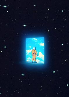 an astronaut standing in front of a television screen with the sky and stars behind him