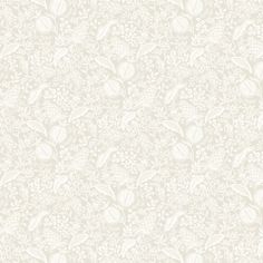 a white wallpaper with flowers and leaves on it