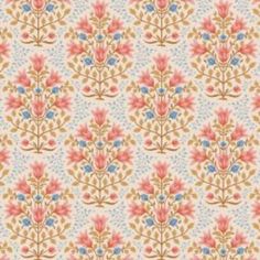 a floral pattern with red, blue and pink flowers on a white background fabric or wallpaper