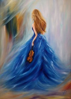 a painting of a woman in a blue dress holding a violin