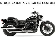 a black motorcycle parked on top of a white background with the words stock yamaha v - star 650 custom