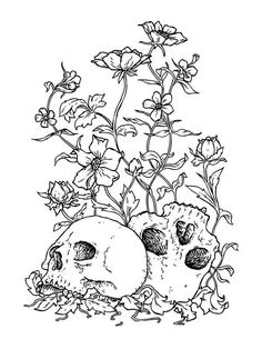 two skulls in the middle of flowers with one skull laying on it's side