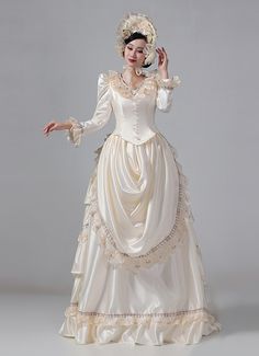 White Edwardian Victorian Bustle Satin Dresses Women Masquerade Ball Dresses     Condition: Brand New   Color:White   Material: This dress made of High Quality Satin,Lace, soft,smooth and comfortable to wear   Sleeve Length:Long Sleeve   Dresses Length:Floor-Length   Neckline:V-Collar   Decoration: Ruffles + Lace   Applicable People:Adult   Package Includes: Dress    amp;nbsp;     The length of skirt about 45 inches (114 cm) long from waist to hem regardless of size. This dress is pictured with Fitted Empire Waist Gown For Banquet, White Long Sleeve Gown For Costume Party, Satin Ball Gown Dress For Costume, Cream Fitted Ball Gown For Party, Fitted Cream Ball Gown For Party, Cream Ball Gown Wedding Dress, White Floor-length Dress For Costume Party, Floor-length Cream Dress For Banquet, Beige Satin Dress For Banquet