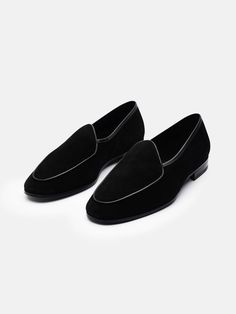 The Belgian - Black Suede is our sleek and sophisticated take on an iconic loafer that we like to pair with either a pair of denims, tailored trousers or black tie. This head-turning style with a French binding apron will undoubtedly elevate any outfit, whether that might be at home or on the town. Crafted in soft suede with a cushioning footbed for supreme comfort. Fitted Luxury Loafers For Formal Occasions, Luxury Fitted Loafers For Formal Occasions, Luxury Fitted Loafers For Semi-formal Occasions, Designer Fitted Loafers For Semi-formal Occasions, Designer Semi-formal Loafers, Luxury Fitted Loafers For Business Casual, Modern Formal Loafers With Goodyear Welt, Classic Fitted Loafers For Semi-formal Occasions, Elegant Fitted Loafers For Semi-formal Occasions