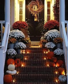 the front steps are decorated with pumpkins and gourds